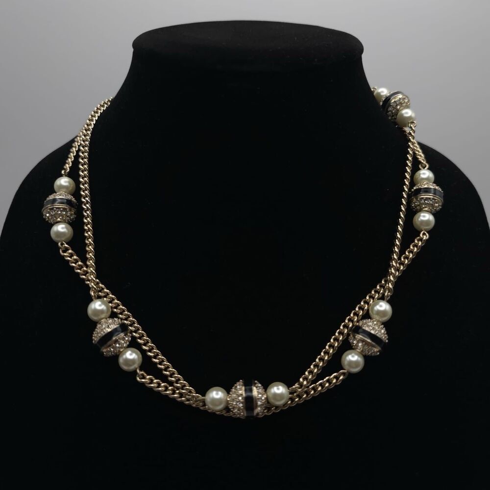 J.Crew Double Strand Faux Pearl Cream‎ Enamel Rhinestone Necklace Gold Tone
